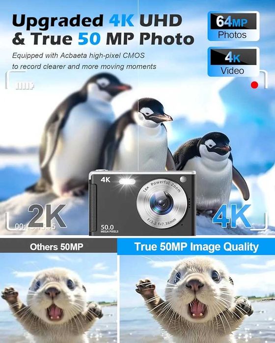 Чисто нов 4K 50MP фотоапарат Автофокус, 32GB карта, 2 батерии, черен..