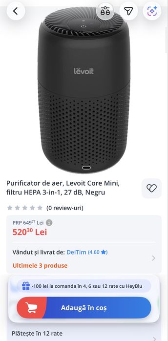 Purificator de aer, Levoit Core Mini, filtru HEPA 3-in-1, 27 dB, Negru Nou