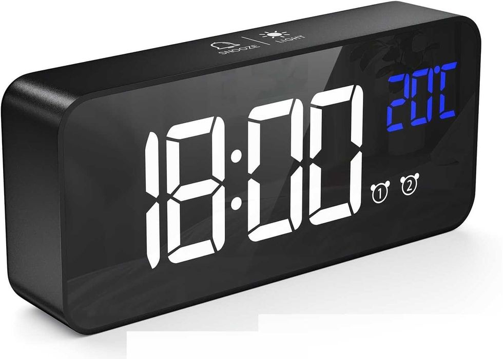 LED огледален дигитален будилник с двойна аларма, температура и snooze