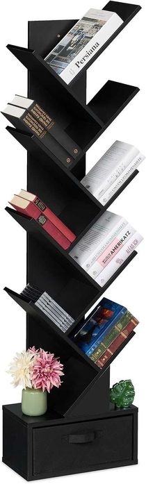 Рафт секция, библиотека дърво за книги 9 нива с чекмедже, цвят черен, бял, венге