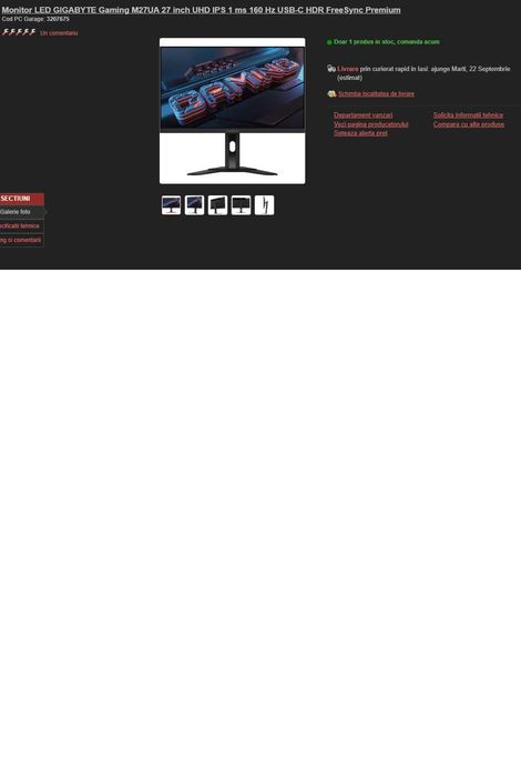 vand Monitor Gaming Gigabyte M27UA 27” 4K IPS 160Hz – 1.499 lei