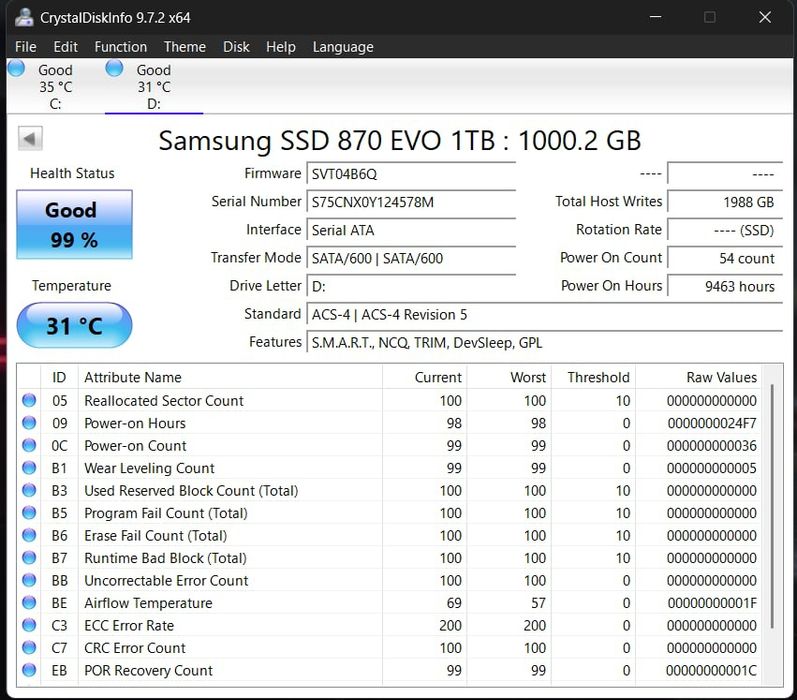 Samsung SSD 870 EVO 1TB ORIGINAL | Health 99% | Testat Complet | Samsung Authenticated