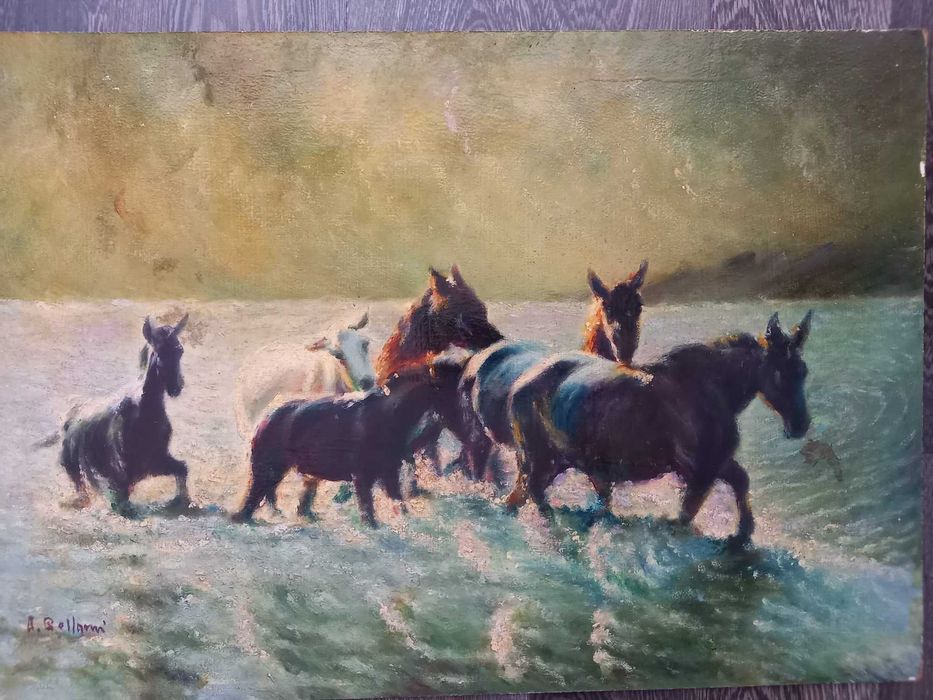 A. Bellomi – „Cai traversând apa” – ulei pe carton, 50 × 35 cm