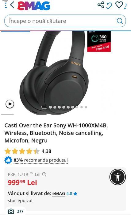 Sony . Casti Over the Ear Sony WH-1000XM4B, Wireless, Bluetooth