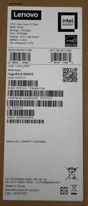 Lenovo Yoga Pro 9 intel core U7 32gb 1T GPU RTX5060 16"
