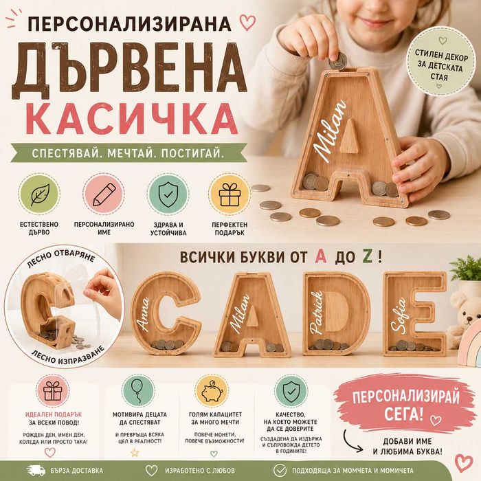 Персонализирана дървена касичка с любимата буква и име