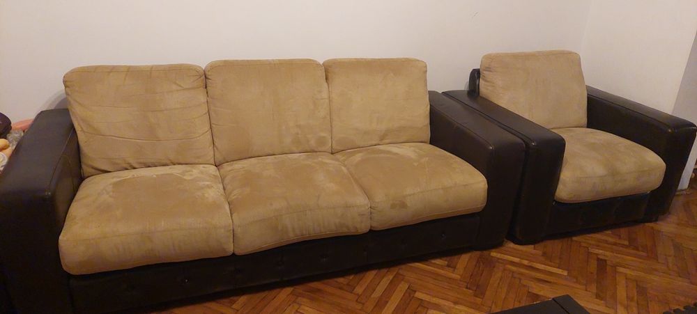 Canapea , fotoliu și taburet  mobexpert piele naturala/piele intoarsa