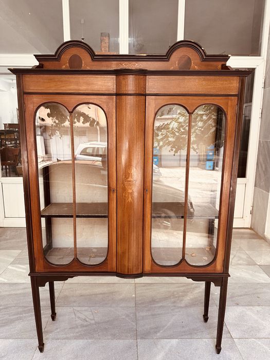 Антична витрина Edwardian / Art Nouveau с маркетрия около 1910 г.