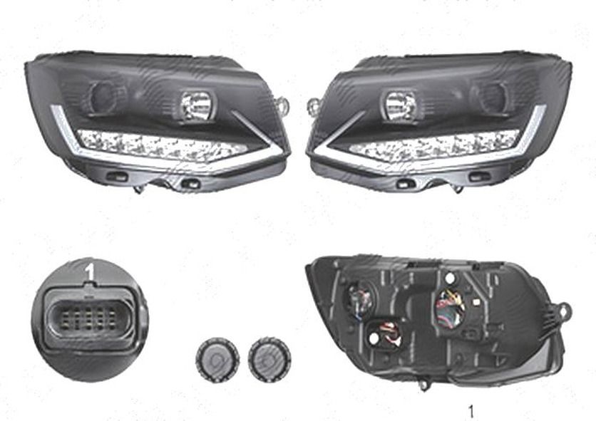 Set faruri tuning VW Transporter/Multivan (T6), 04.2015-, stanga+dreapta, cu LED indicator; cu LED daytime running light; cu LED-uri pozitie; H1+H11+LED; electric; negru; cu motor; cu becuri; Taiwan