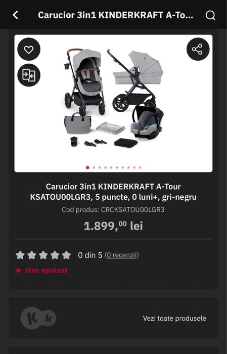 Carucior 3 in 1 KINDERKRAFT A-Tour gri-negru - stare excelenta