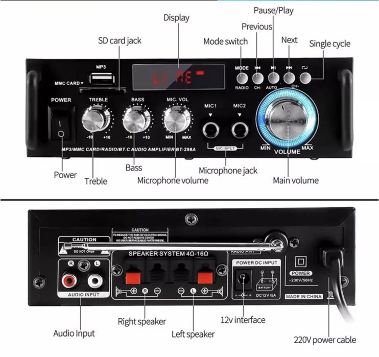 Bluetooth 5.0 hifi усилитель с радио и микрофоном