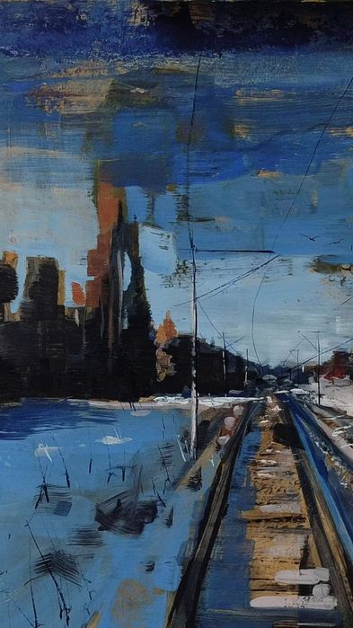 Tabloul peisaj cale ferată in ulei pe mucava 50x70 ,tehnica mixtă