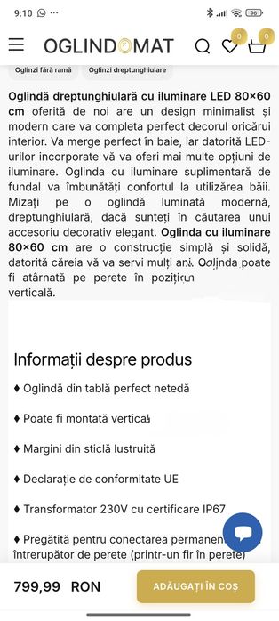 Oglindă cu iluminare led  80x 60 cm