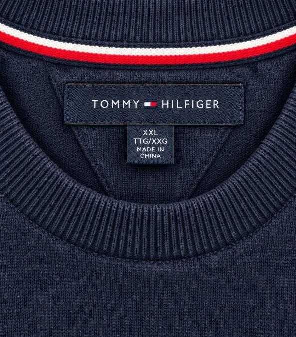 Pulover Tommy Hilfiger bărbați bleumarin cu mâneci contrastante alb-gri, logo TH mare pe piept, 100% bumbac, mărimea XXL