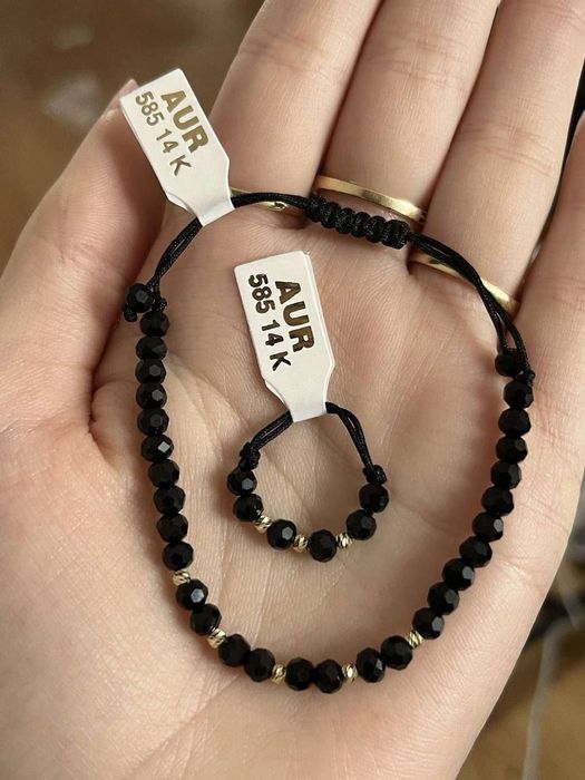 Set inel+ brățară din șnur reglabil cu biluțe de aur 14k și cristale!