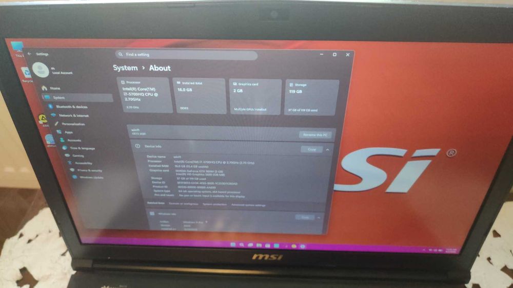 Laptop MSI GE72HQ I7 Procesor 5600 Video Nvidia GTX 2 giga ddr 5,960mb 16 giga rami ddr3L,1SSD M2 Sata 128 giga 1 sata  1 pci slot,17 inchci