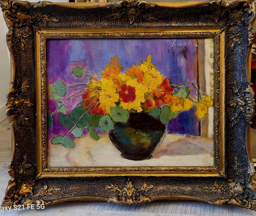 "Vas cu FLORI" Tablou VECHI, ulei/cart semnat Cca 65x55cm (50x40 pictu