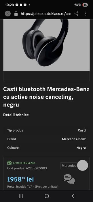 Casti bluetooth Mercedes-Benz OE cu active noise canceling și sunet 3D