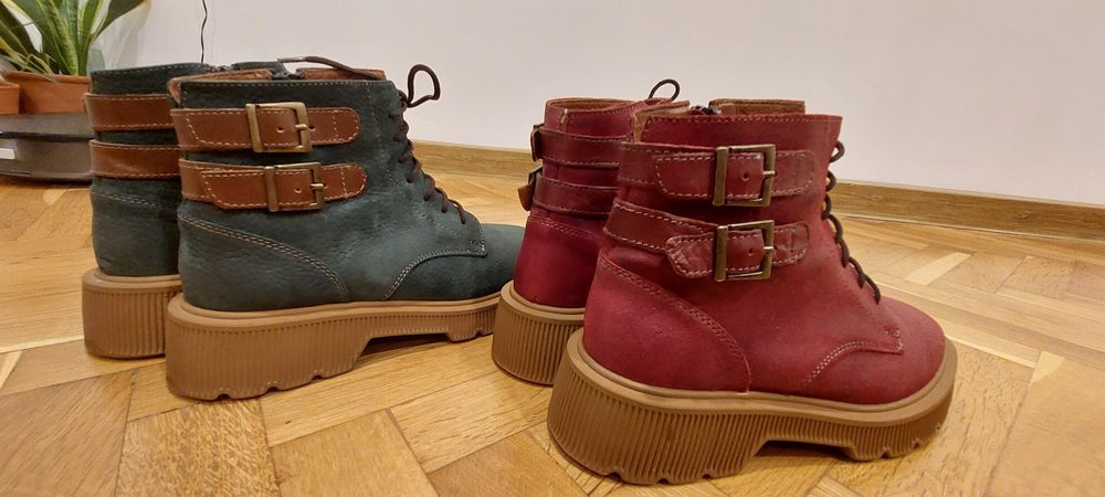 Боти естествена кожа  бордо и маслено зелено