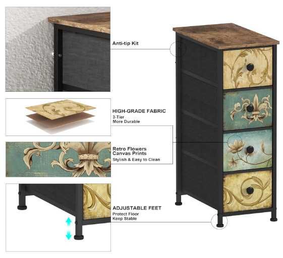 Скрин VEDECASA, тесен скрин с 4 чекмеджета от плат, метална рамка