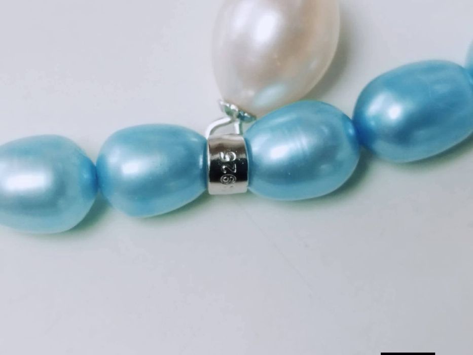 Set lant/colier, bratara si cercei argint 925, perle cultura albastru