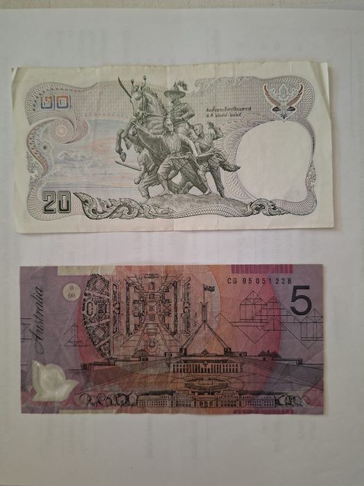 Bancnote 20 bath (Tailanda), 5 dolari australieni