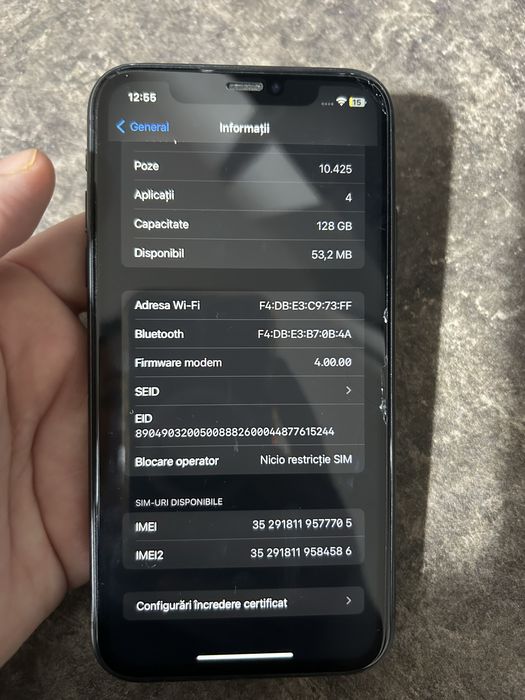 Vând iPhone 11 – 128 GB, în stare foarte bună de funcționare.