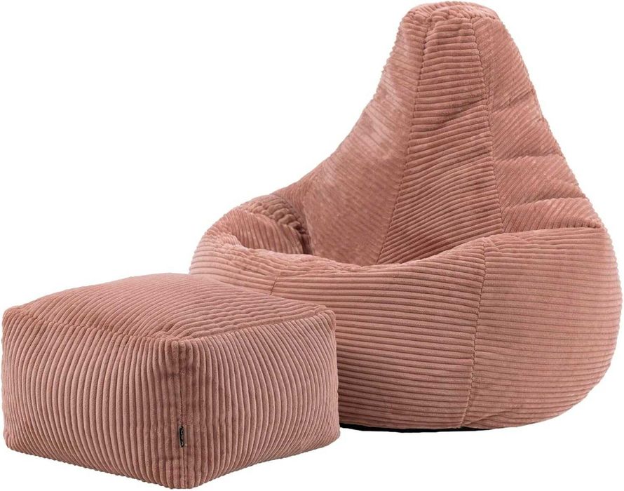 Fotoliu-sac pentru copii Icon Dalton cu taburet, din catifea reiata, roz