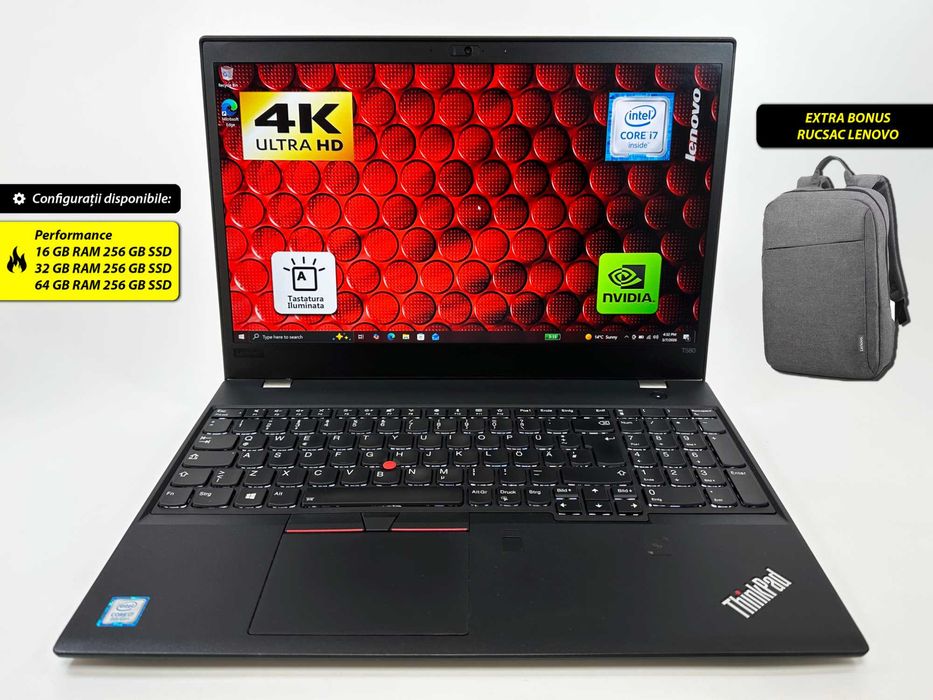 Laptop Lenovo T580 i7 32gb 256gb ssd 15.6 inch Nvidia 4K Garantie 1 an