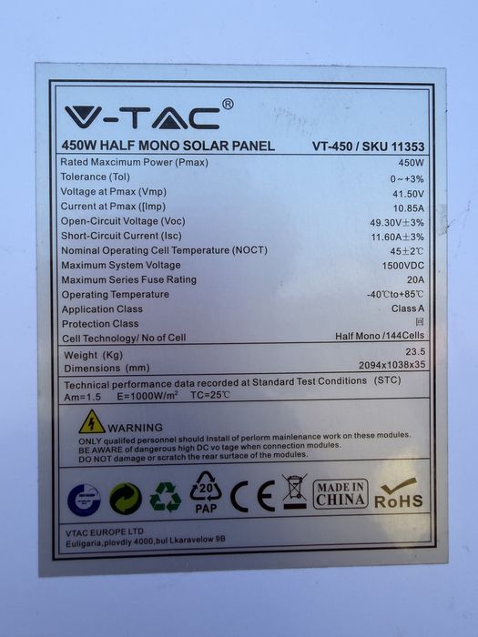 Panou solar 450 w mono V Tac casa gradina rulota Nou Sigilat