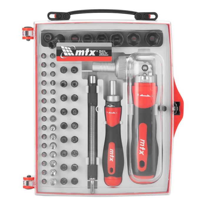 Отвертка реверсивна с битове и вложки, 61 части, CrV MTX - 133637