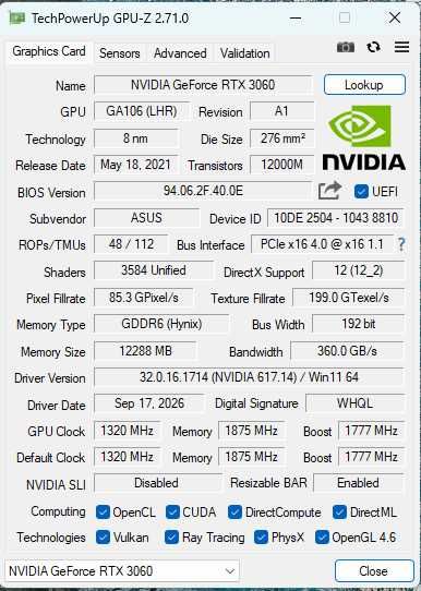 RTX 3060 ASUS GeForce Phoenix V2 LHR 12GB+ sursa 650w