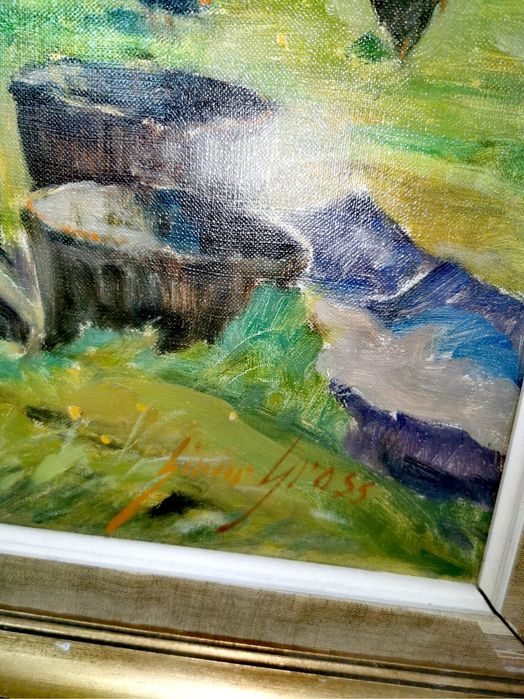 Картина платно рамка паспарту пейзаж селска къща авторска подписана