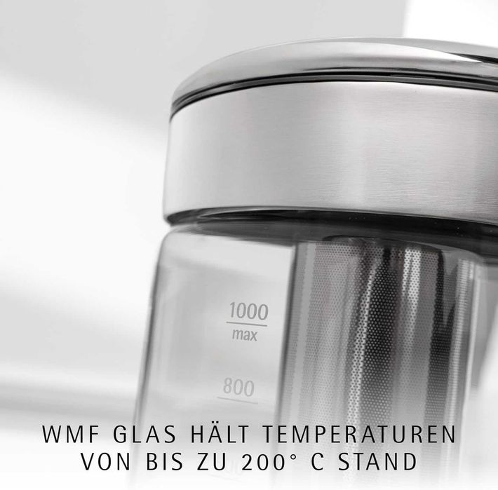WMF Küchenminis 2-в-1 Vario стъклена кана за вода / чайник с държач за пакетчета чай и цедка / с регулиране на температурата 1.0л,1900W