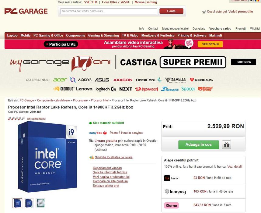 Procesor Intel Raptor Core i9 14900Kf 6GHz FOLOSIT GARANTIE 16.12.2029
