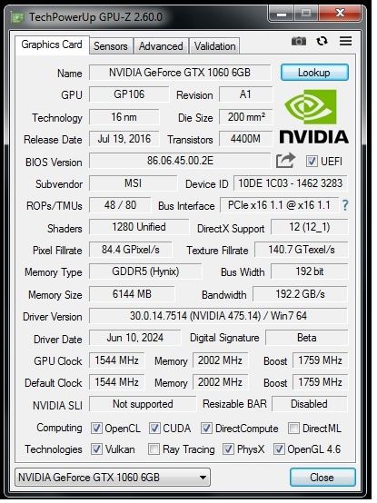 MSI GeForce GTX 1060 6gb OC