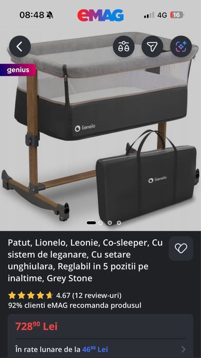 Vând pătuț LIONELO (reglabil pe inaltime, co-sleeper, sistem de legănare, setare unghiulară)