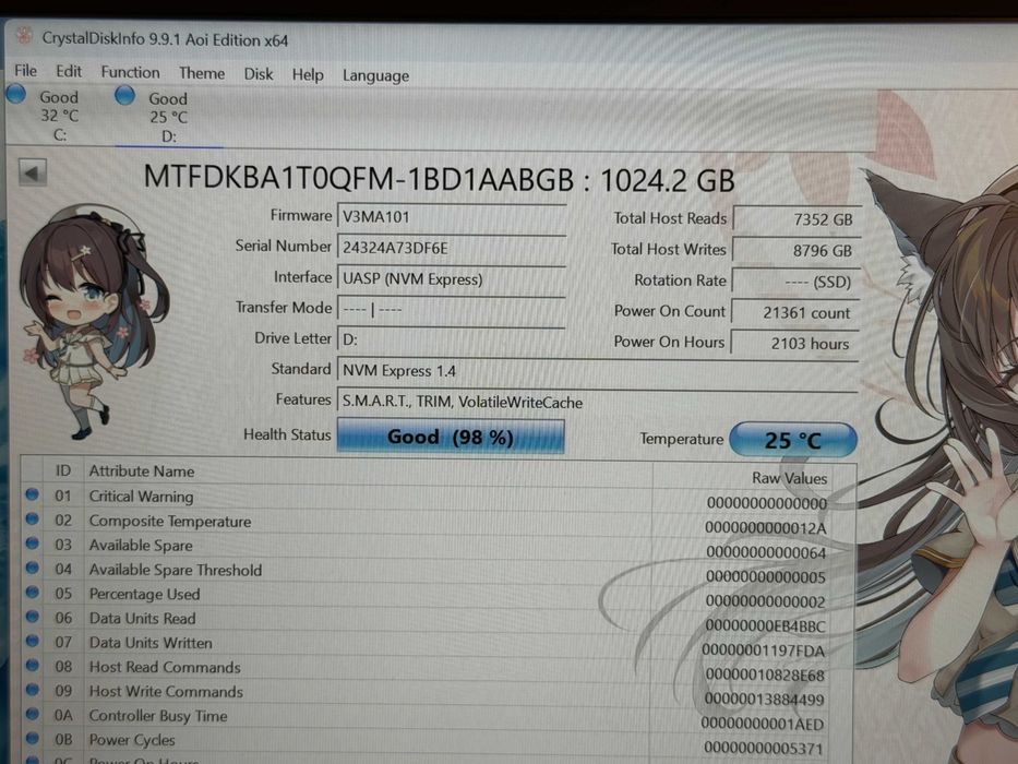 1TB 1000GB SSD NVMe Gen 4x4 Micron 2400E/MTFDKBA1T0QFM-1BD1AABGB