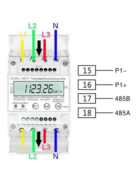 Contor electric trifazic, LCD, montaj sina DIN35, RS 485