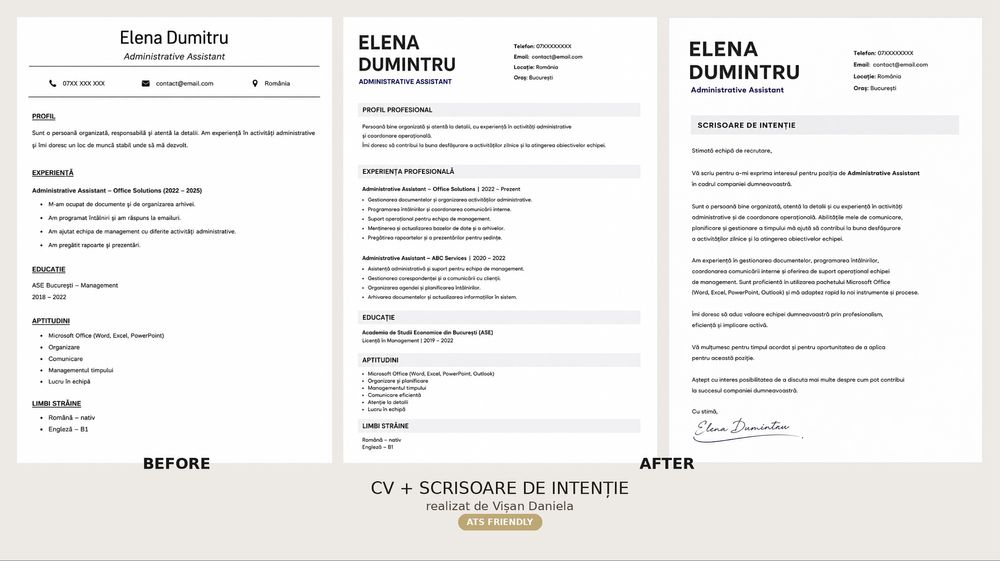CV profesional ATS Friendly + Scrisoare de intenție | Design modern