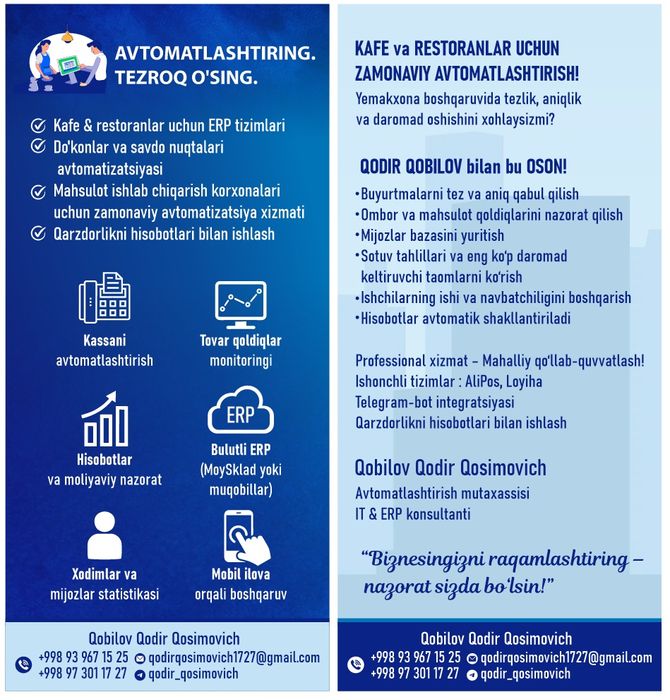 Kafe_Oshxona_restarant Kichik savdo nuqtalari urta biznes egalari uchu