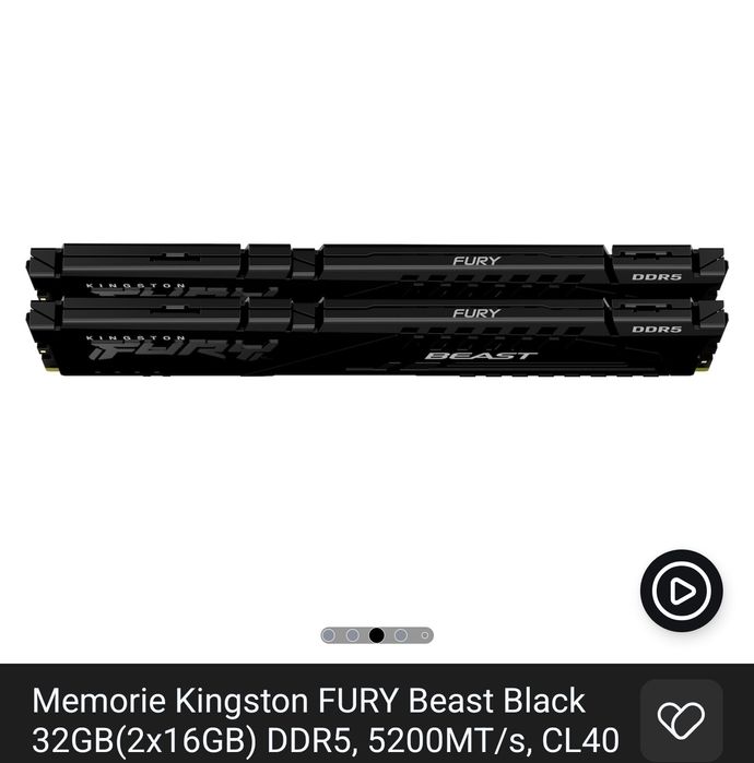 Memorie Kingston FURY Beast Black 32GB(2x16GB) DDR5, 5200MT/s, CL40