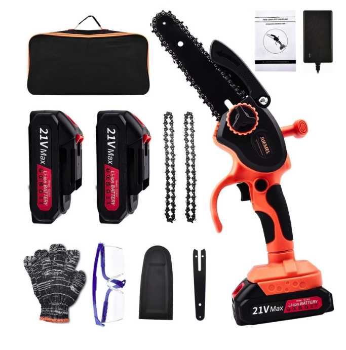 Mini drujba ferastrau cu lant/accesorii 6" 2 baterii 21V Negru