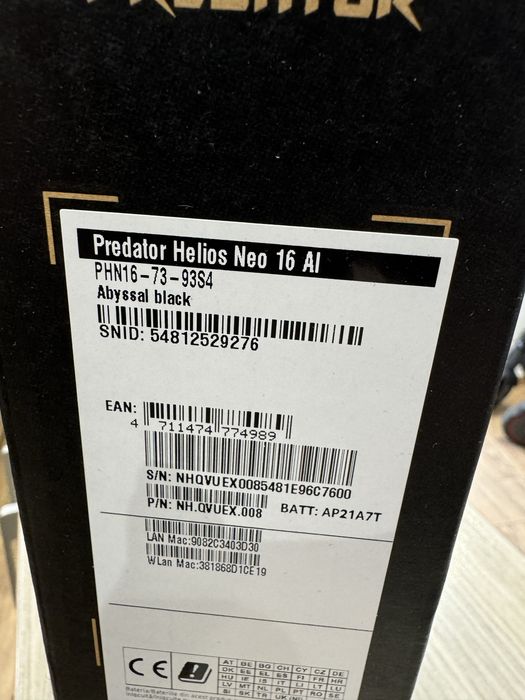 ACER Predator Helios Neo 16 AI intel Ultra 9, 32GB Nvidia RTX 5060 nou