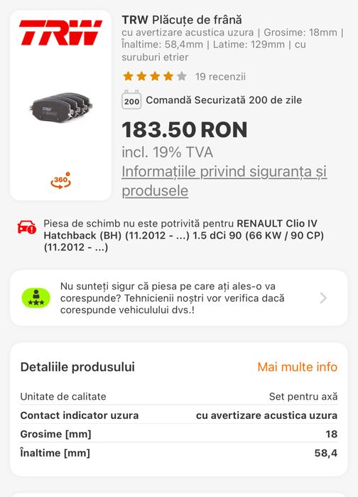 Vand set placute FATA-SPATE Renault Megane 4/1,5 Diesel