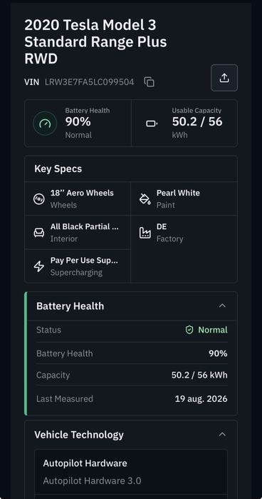 Tesla Model 3 SR+, baterie LFP 90%, an 12.2020  Autopilot 3