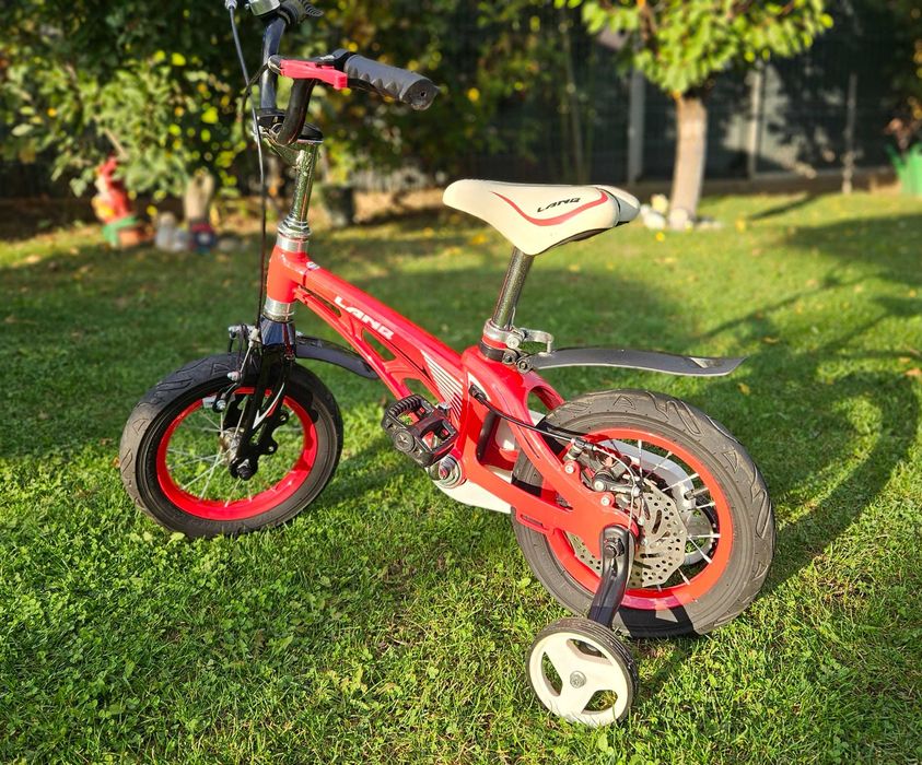 Bicicleta 12" copii LANQ W1256D aliaj magneziu frana spate disc. Stare EXCELENTA roti ajutatoare