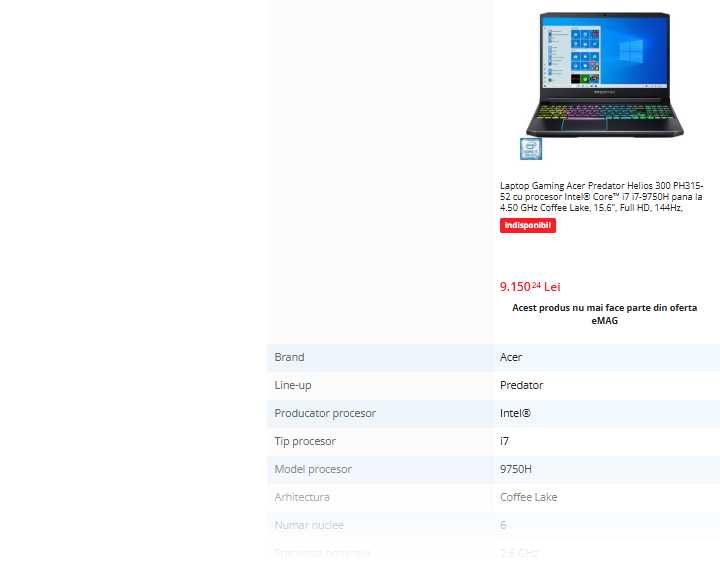 Laptop gaming Acer Predator 16" intel core i7 ,video 6 GB RTX 2060