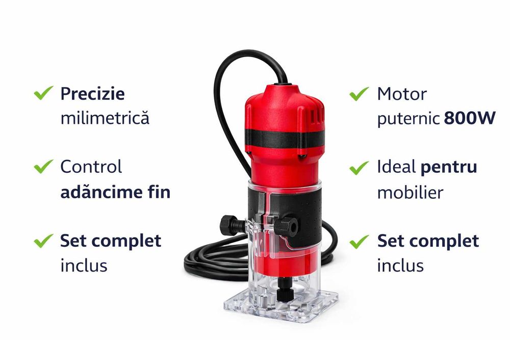 Wood Trimmer 800W Freza Lemn + Set 15 Freze Inclus