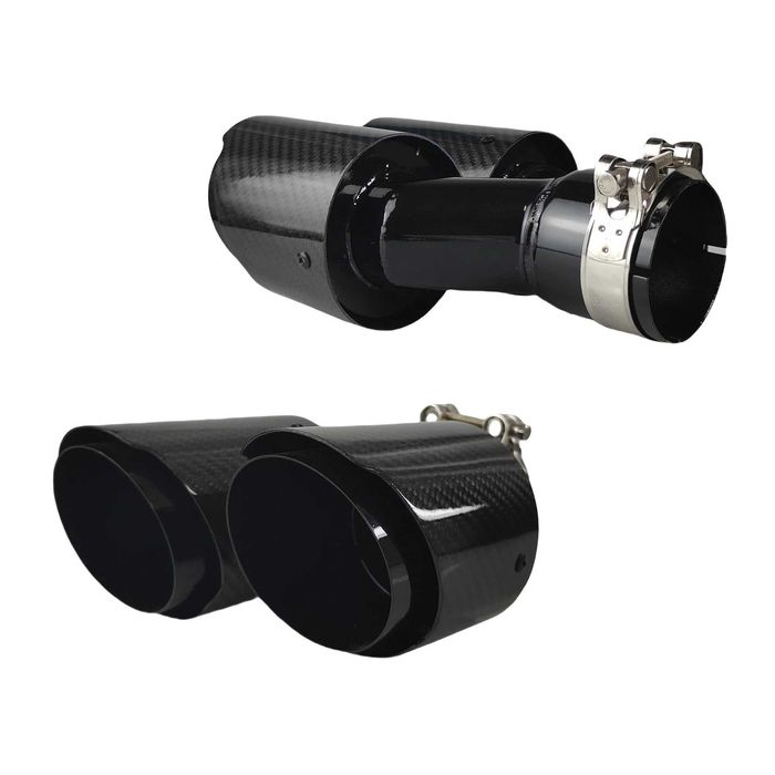 Set Tipsuri Duble Evacuare 63mm Carbon Lucios, Colier Inclus,Universal